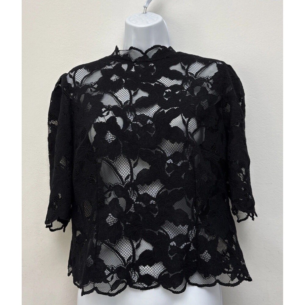 H&M Women's Stretch Black Lace, Short Sleeve Top, Back Zipper, Size Large, NWT